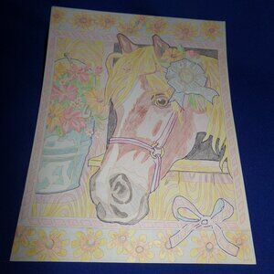Vintage Hand Colored Pencil Drawing - Blue Ribbon Horse & Flowers - Unsigned
